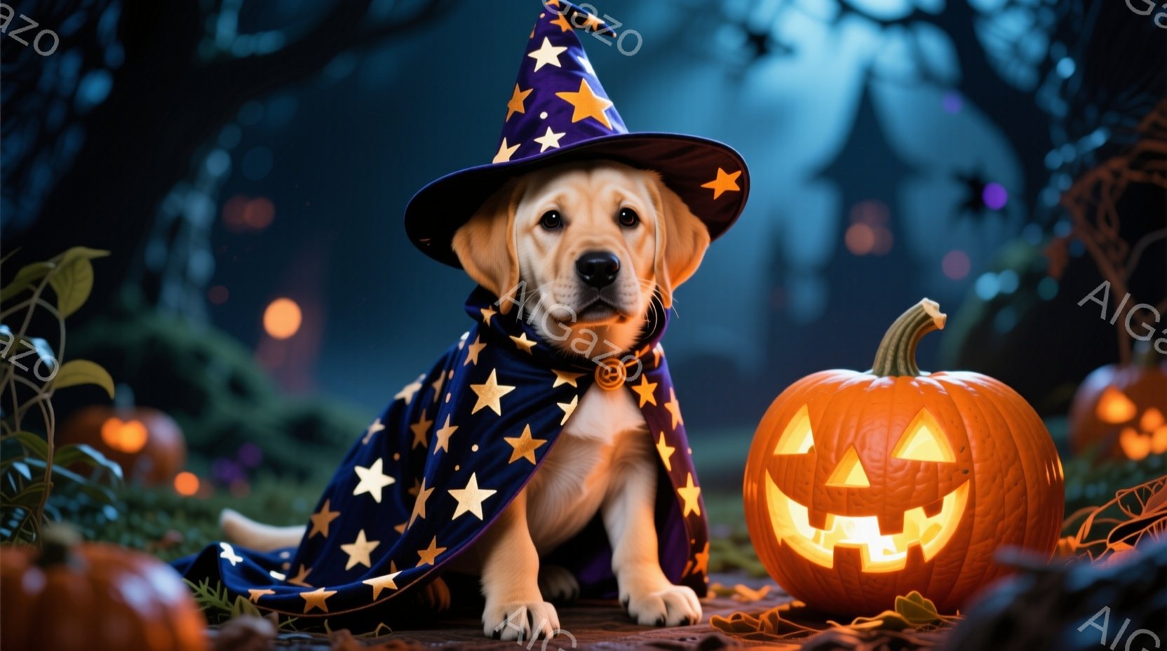 小さな茶色の犬が、星が散りばめられた青い魔法使いの衣装と帽子を身に着けて座っています。犬は穏やかな表情でカメラを見つめ、背景にはハロウィーンのランタンが灯ったカボチャが置かれています。周囲は暗い森で、 - AI生成フリー素材