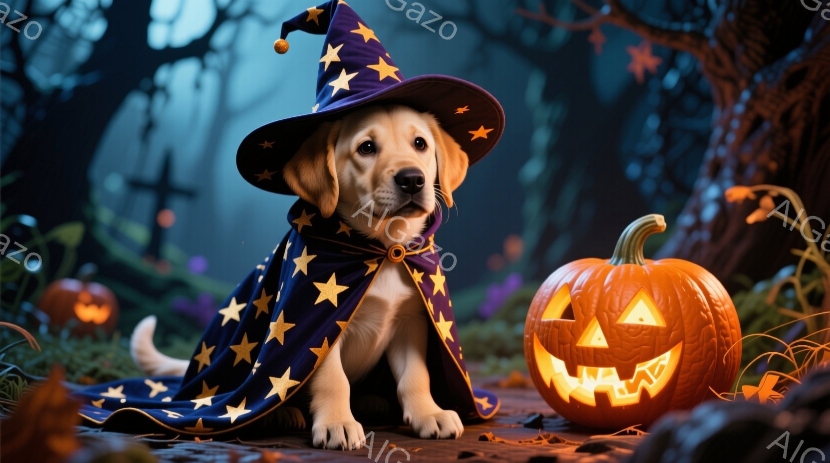 小さな子犬が、星が散りばめられた紫色の魔法使いの衣装を着て、ハロウィーンの夜にポーズをとっています。子犬は前足を伸ばし、少し微笑んでいるような表情を浮かべています。背景には、カボチャのランタン、枯れた - AI生成フリー素材