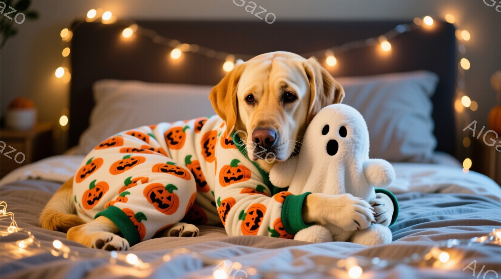 明るい色のラブラドールレトリバーが、ハロウィーン柄のパジャマを着てベッドに横たわっています。白い幽霊のぬいぐるみを抱きしめており、穏やかで満足そうな表情をしています。背景にはぼやけたベッドサイドテーブルや、ハロウィーンの飾り付け、そして温かい光のガーランドが見え、全体的に落ち着いた温かい雰囲気が漂っています。