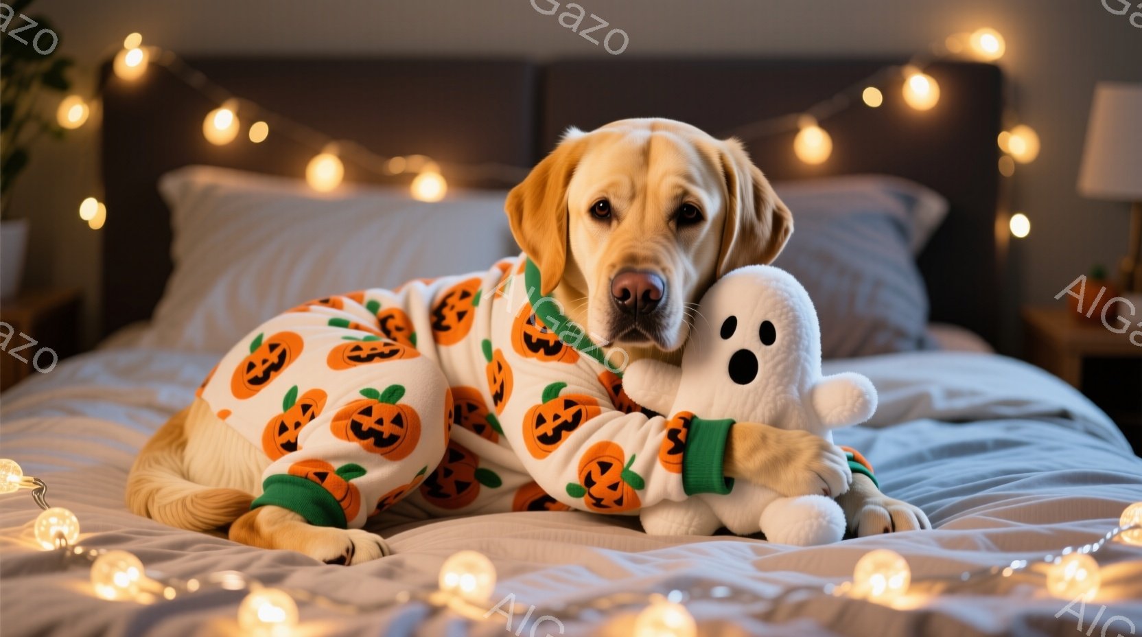 暖炉のそばにあるベッドに、ハロウィーン柄のセーターを着たゴールデンレトリバーが横たわっています。犬はリラックスした表情で、抱きしめているのは白い幽霊のぬいぐるみです。背景にはぼやけたナイトスタンドと、 - AI生成フリー素材