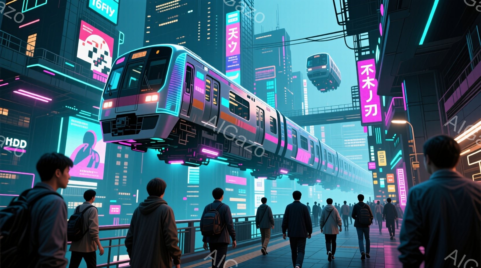 未来都市のプラットフォームを人々が歩いている様子が描かれている。人々は皆、落ち着いた色合いのカジュアルな服装で、後ろ姿しか見えないため表情は不明だが、歩調は穏やかで、日常的な移動の様子がうかがえる。背 - AI生成フリー素材