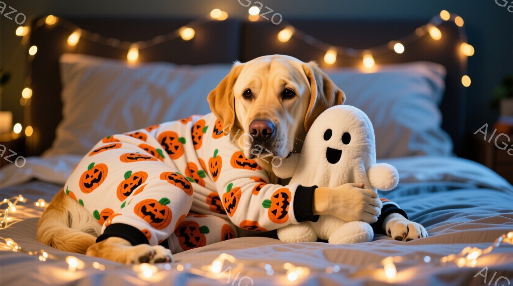 クリーム色のラブラドール・レトリバーが、ハロウィーンをテーマにしたカボチャ柄のパジャマを着てベッドに横たわっています。白いゴーストのぬいぐるみをお腹の上に抱き抱えて、穏やかな表情をしています。背景には、ぼんやりと見えるナイトテーブルと、ハロウィーンの飾りとしてオレンジ色の光を放つ電飾が散りばめられ、暖かく穏やかな雰囲気を醸し出しています。