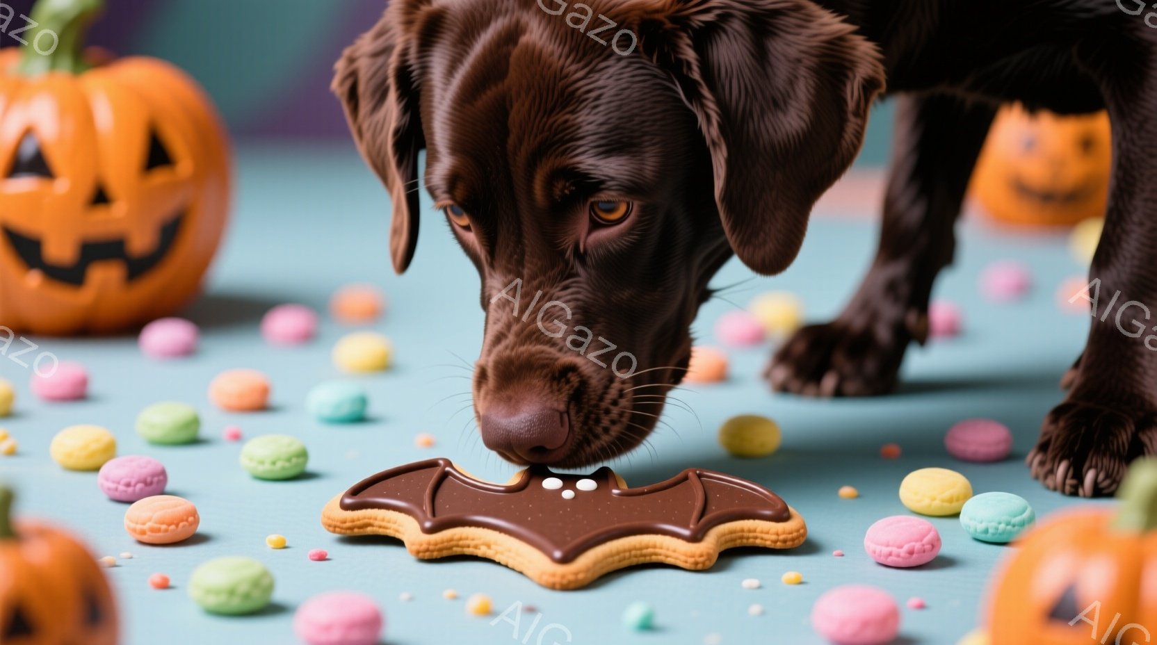 茶色のラブラドールレトリバーが、チョコレートでコーティングされたコウモリの形のクッキーに鼻を近づけています。背景は水色の背景にカラフルなマカロンやハロウィーンのジャック・オー・ランタンが散りばめられており、お祝いの雰囲気を醸し出しています。愛らしい犬の表情とハロウィーンの装飾が、暖かく楽しい雰囲気を演出しています。