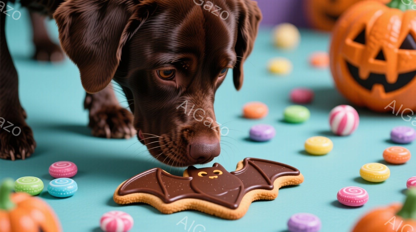 茶色の犬が、コウモリの形をしたクッキーに鼻を近づけています。背景にはカラフルなキャンディーが散りばめられ、オレンジ色のジャック・オー・ランタンが配置されており、ハロウィンの雰囲気が漂っています。鮮やかなターコイズブルーの背景が、お菓子の色と犬の毛並みを際立たせています。