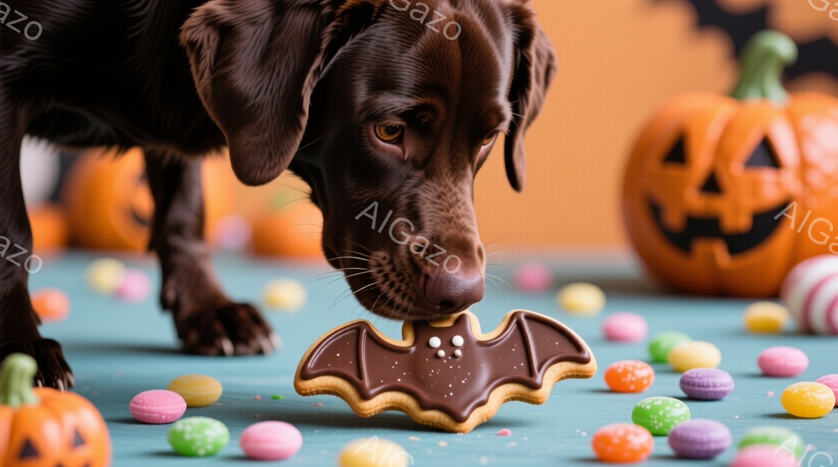 茶色のラブラドール・レトリバーが、ハロウィーンをテーマにしたクッキー（コウモリの形）を口元でそっと押さえています。背景にはオレンジ色のジャック・オ・ランタンやカラフルなキャンディーが散りばめられ、ハロウィーンの雰囲気が漂います。明るいオレンジとターコイズブルーの背景が、遊び心のある、お祝いのムードを高めています。