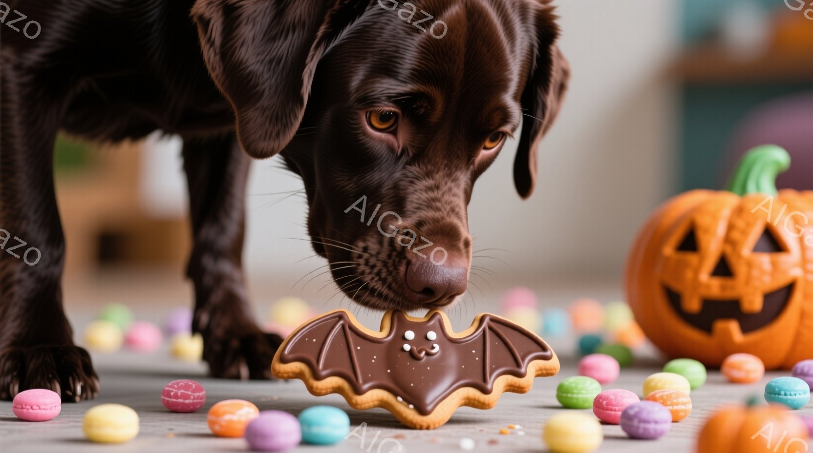 茶色のラブラドール・レトリバーが、チョコレートでコーティングされたコウモリ型のクッキーを鼻で押しています。背景にはカラフルなマカロンが散らばり、彫刻されたジャック・オ・ランタンが置かれています。ハロウィーンの雰囲気で、遊び心のある暖かい光が全体を包んでいます。