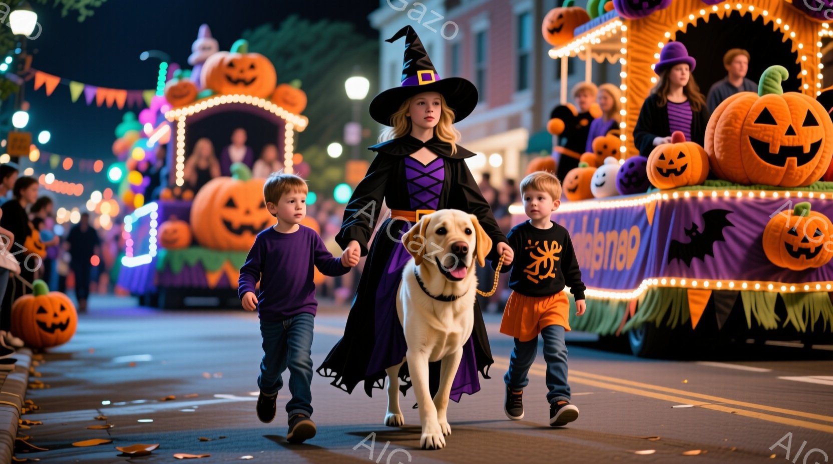 ハロウィーンの夜、魔女の帽子をかぶった少女が、両手に小さな男の子を一人ずつ連れて歩いている。彼女は黒いローブと紫のスカートを着用し、クリーム色のラブラドール・レトリバーがリードをつけて彼女たちに同行している。背景には、カボチャの装飾が施されたカラフルなパレードのフロートや建物が並び、ハロウィーンの楽しい雰囲気を醸し出している。