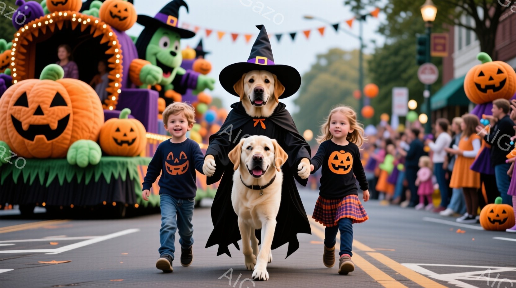 ハロウィーンのパレードと思われる道路を、帽子をかぶった犬と二人の子供が走っています。男の子はオレンジ色のカボチャの絵柄が入った青いシャツを着ており、女の子は同じ絵柄のシャツにチェック柄のスカートを合わ - AI生成フリー素材