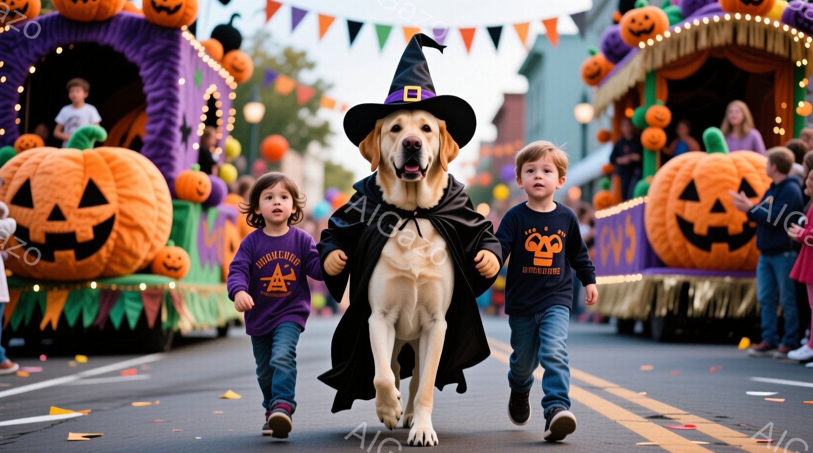 ハロウィーンのパレードで、魔法使いの衣装を着た犬が、紫と紺色の服を着た二人の子供に挟まれて走っている。犬は黒い帽子を被り、子供たちは楽しそうな表情で犬と一緒に走っている。背景には、たくさんのカボチャの - AI生成フリー素材
