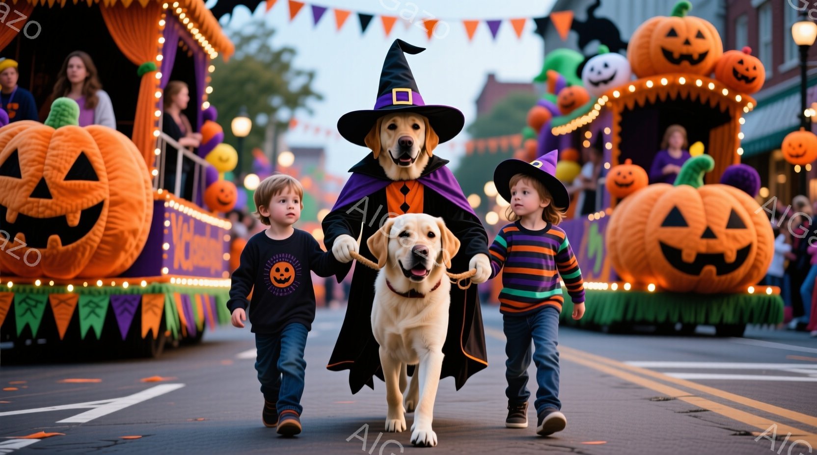 ハロウィーンのパレードの様子で、金色のラブラドール犬が魔女の帽子とマントを身に着け、両脇に幼い男の子が寄り添って歩いています。男の子たちはそれぞれハロウィーン柄のシャツを着ており、犬と揃って楽しそうに - AI生成フリー素材