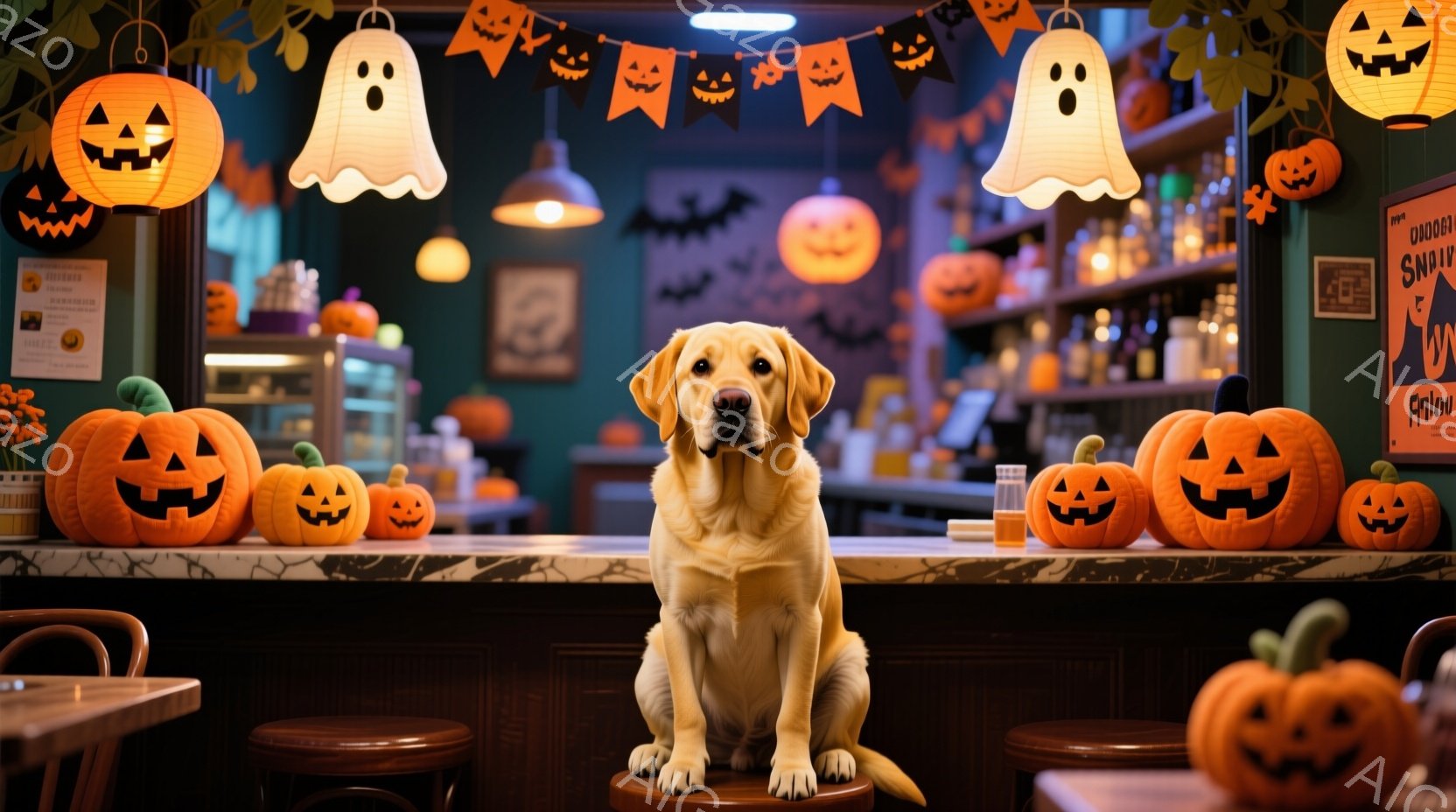 明るい茶色のラブラドールレトリバーが、ハロウィーンの装飾が施されたバーカウンターの椅子に座っています。背景には、ジャックオーランタンや幽霊の飾り、そしてオレンジ色のガーランドが見られ、ハロウィーンの楽しい雰囲気を醸し出しています。バーカウンターには様々な大きさのジャックオーランタンが並べられ、暖かく、お祝いのムードが感じられます。