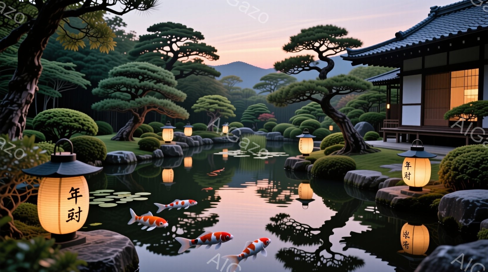 静かな池には、鮮やかな鯉が泳ぎ、水面に美しい反射を作り出しています。池の周囲には、苔むした岩、手入れの行き届いた木々、そして遠くには伝統的な日本の建物が見え、穏やかな夕暮れ時の雰囲気が漂っています。空 - AI生成フリー素材