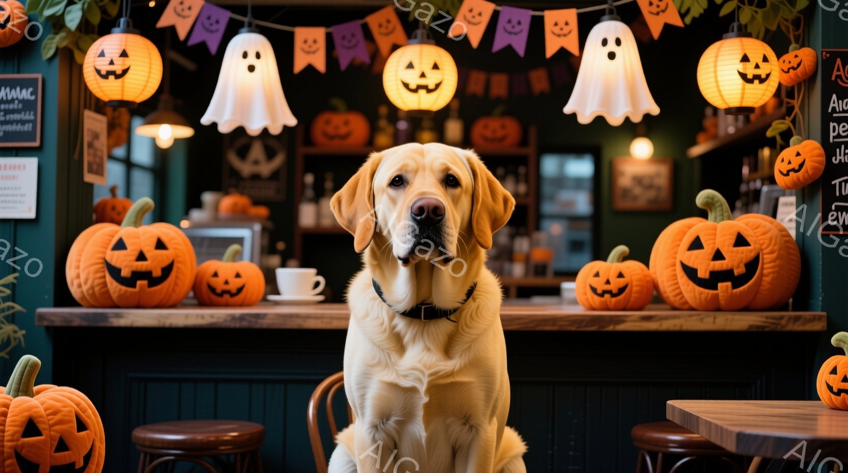 明るいクリーム色の毛並みを持つゴールデンレトリバーが、ハロウィーンの飾り付けがされたカフェのような場所で座っています。背景には、ジャック・オ・ランタンや幽霊の形のランタンが飾られ、ハロウィーンの雰囲気 - AI生成フリー素材