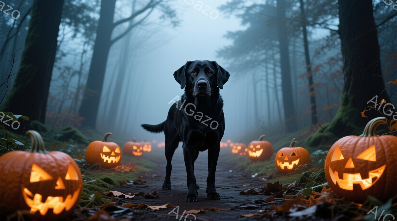 暗い森の小道に、彫刻が施されたジャック・オー・ランタンが並び、その先に黒い犬が立っている。犬はまっすぐ前を見据え、凛とした表情で、まるで森の番人のようだ。背景は霧に包まれ、全体的にハロウィーンの神秘的 - AI生成フリー素材