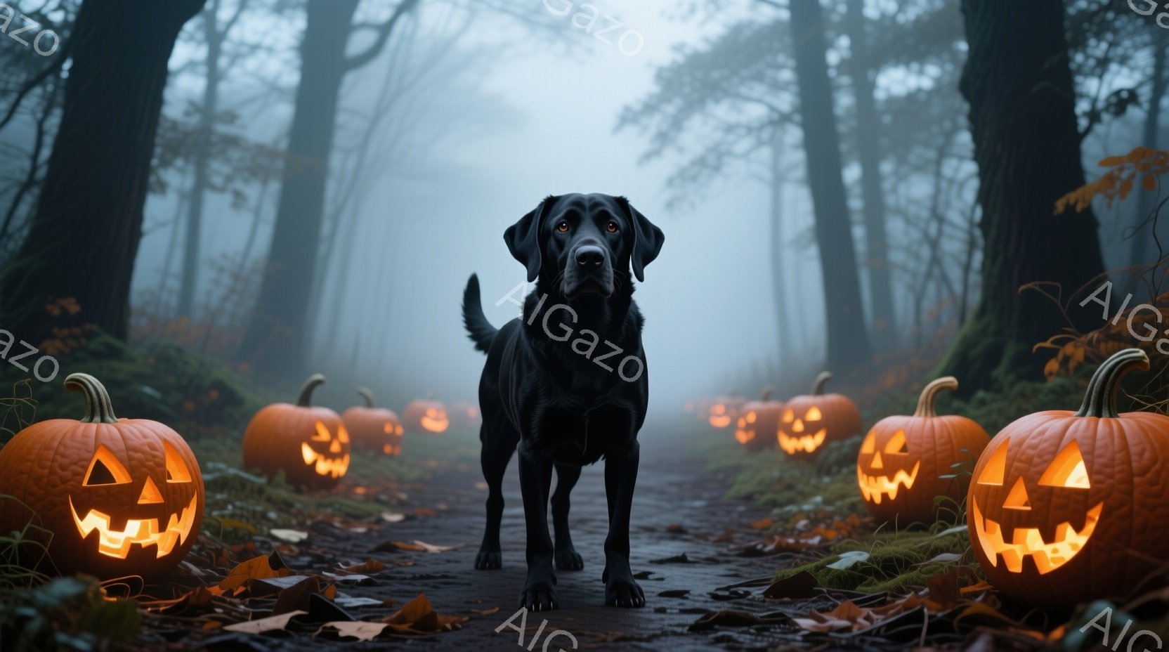 暗い森の道に、彫刻が施された光るカボチャが並び、その先に黒い犬が正面を向いて立っている。犬はまっすぐカメラを見つめ、凛々しくも優しい表情をしている。背景は霧に包まれ、落ち葉が道に散らばっており、ハロウィーンの不気味で幻想的な雰囲気を醸し出している。