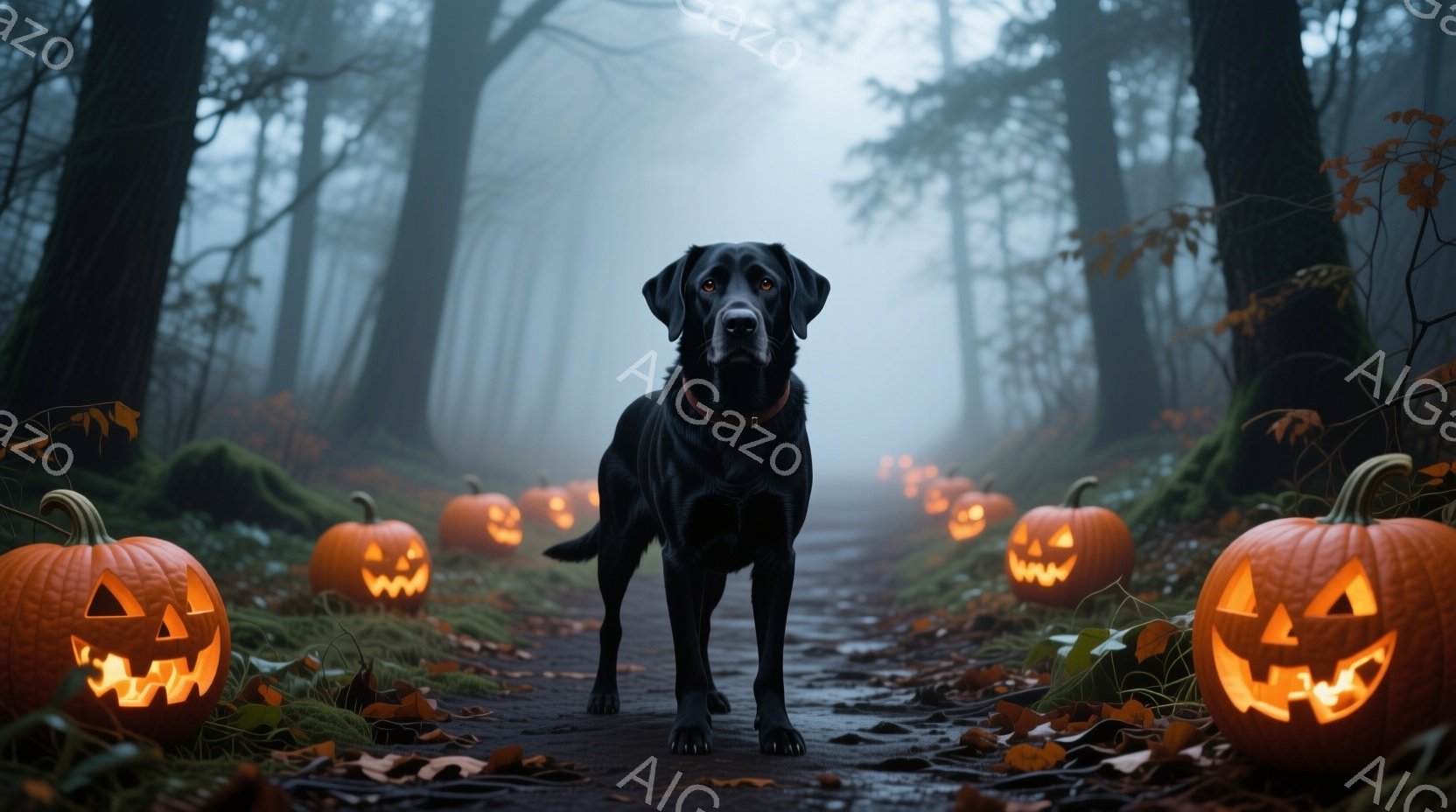 黒い犬が、ハロウィーンのランタンが並ぶ森の道の中央に立っている。背景は霧に包まれた木々で、地面には落ち葉が散らばっており、不気味で神秘的な雰囲気を醸し出している。犬はまっすぐ前を見据え、落ち着いた姿勢 - AI生成フリー素材
