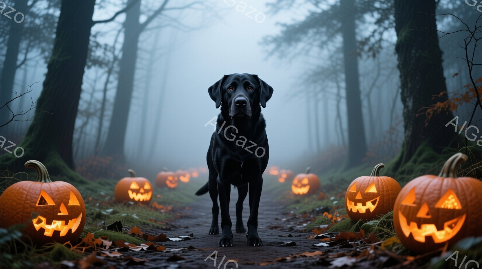 暗い森の道に、彫刻が施されたオレンジ色のカボチャが並び、その中央に黒い犬が堂々と立っている。犬は正面をまっすぐ見つめ、自信に満ちた表情を浮かべている。背景は霧に包まれ、木々の間からぼんやりと光が差し込 - AI生成フリー素材