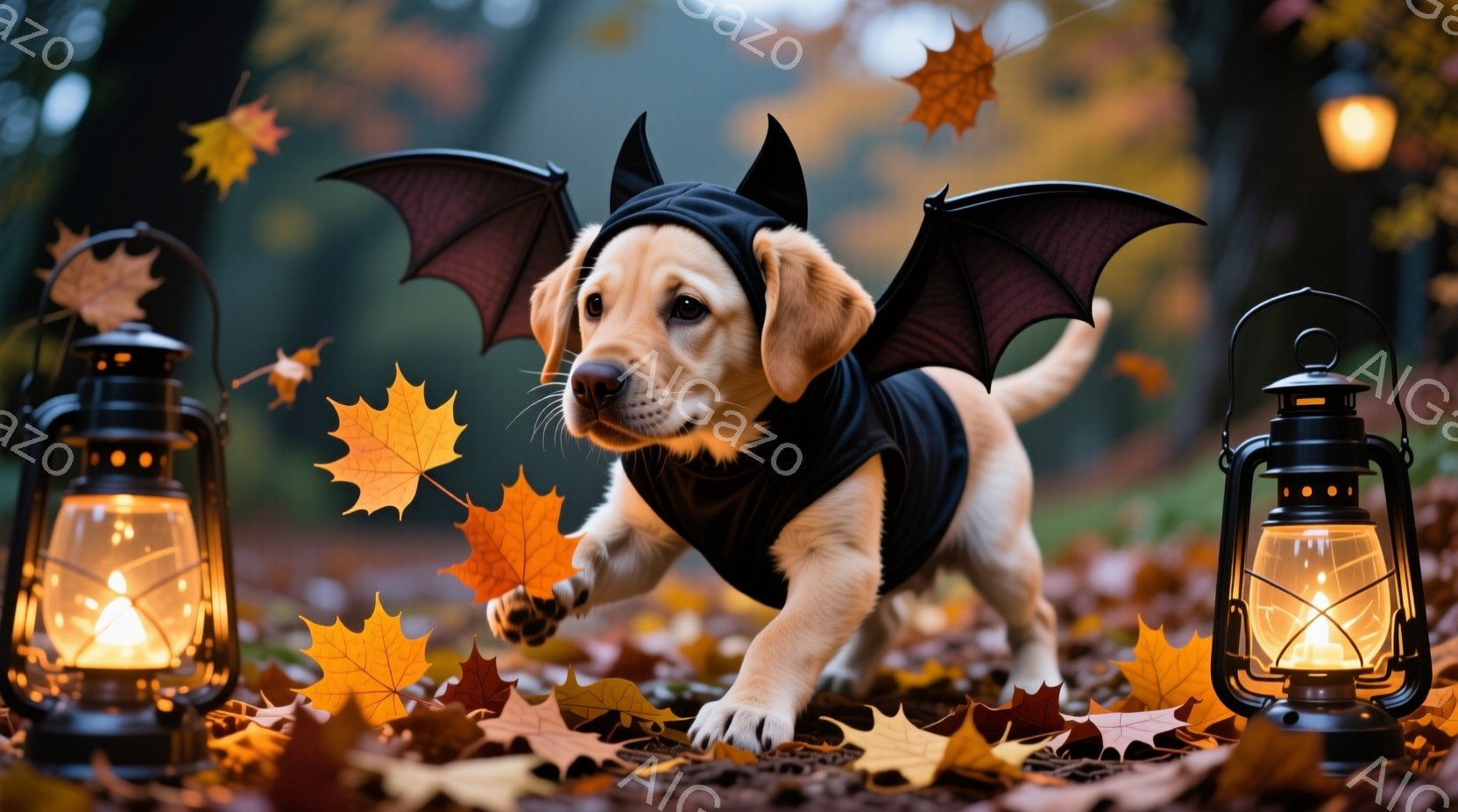 可愛らしい子犬が、ハロウィーンの衣装である黒いコウモリの羽をつけて、落ち葉が敷き詰められた地面を歩いています。背景には、ぼやけた木々と、光るランタンが配置され、秋の暖かい雰囲気とハロウィーンの楽しさを - AI生成フリー素材