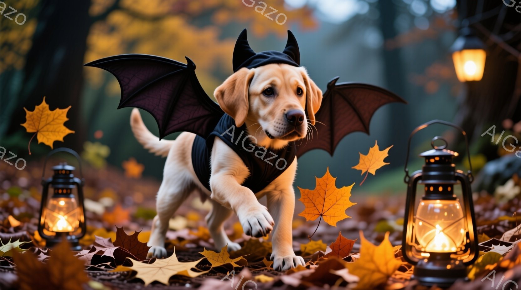 ゴールデンレトリバーの子犬が、黒い翼と角がついたハロウィーンのコスチュームを着て、落ち葉が散らばる道を歩いています。子犬は前方をまっすぐ見つめ、遊び心のある表情を浮かべています。背景には、ぼんやりとし - AI生成フリー素材