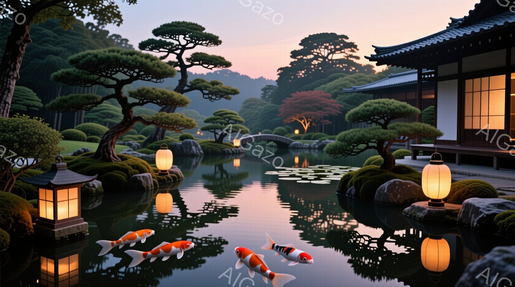 静かな池には、赤、白、オレンジ色の美しい鯉が優雅に泳いでいる。背景には、伝統的な日本建築と緑豊かな庭園が広がり、夕焼け空が水面に反射して幻想的な雰囲気を醸し出している。池の周りには石灯籠が灯され、穏や - AI生成フリー素材