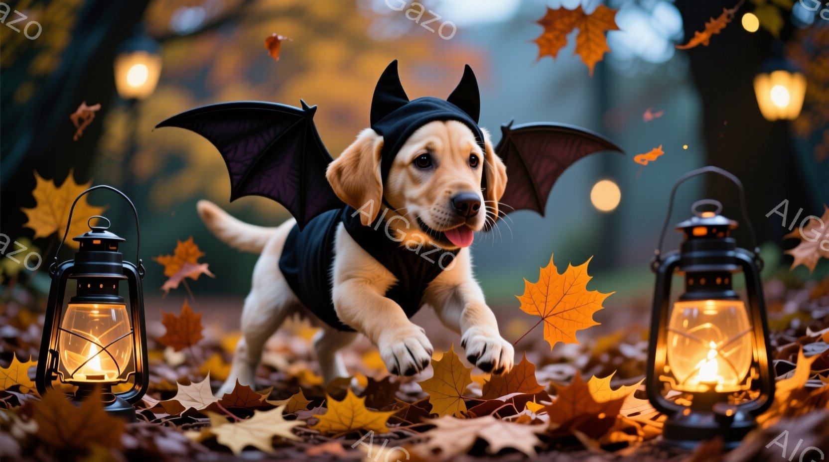 ゴールデンレトリバーの子犬が、ハロウィーンのコスチュームとして黒い羽と角のついた衣装を着て、落ち葉が敷き詰められた地面を走っている。子犬は口を開けて笑顔を見せ、楽しそうに前を見つめている。背景にはぼや - AI生成フリー素材