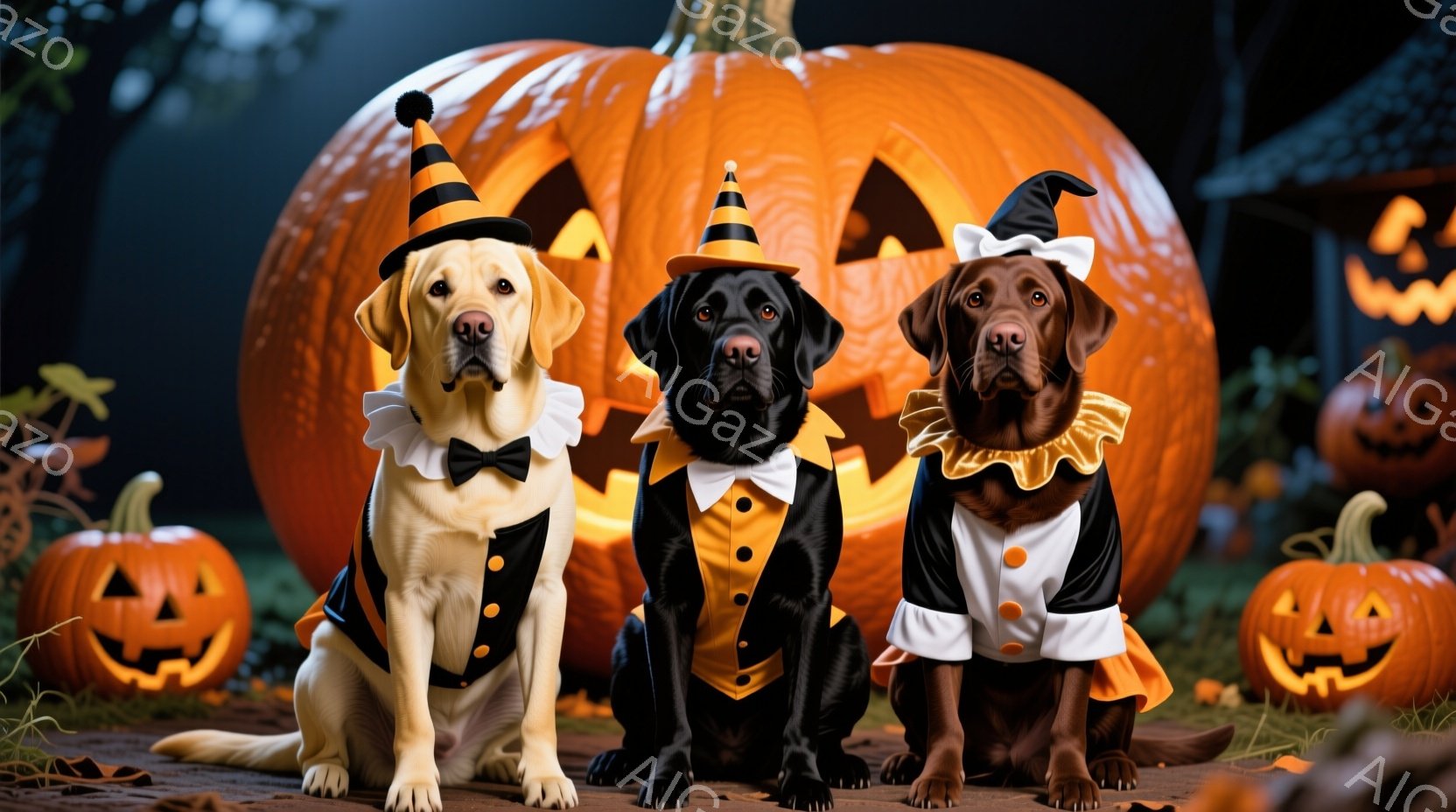 ハロウィーンの装飾が施された背景に、3匹のラブラドールレトリバーが並んで座っています。それぞれの犬は、黒とオレンジの衣装を着ており、襟元にはフリルがついています。巨大なジャック・オ・ランタンが犬たちの背後にそびえ立ち、周囲には小さなカボチャのランタンが点在しており、お祝いムード満点です。