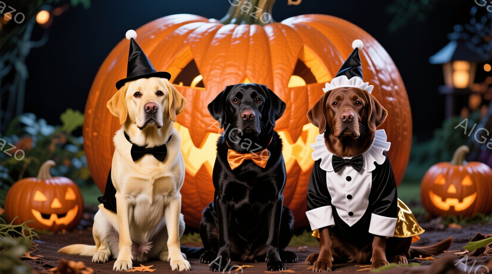 ハロウィーンの背景に、３匹の犬がそれぞれ異なる衣装を着て座っています。左の犬は黒い帽子と蝶ネクタイ、中央の犬はオレンジ色の蝶ネクタイ、そして右の犬はフリル付きの襟と蝶ネクタイを身につけています。背景に - AI生成フリー素材