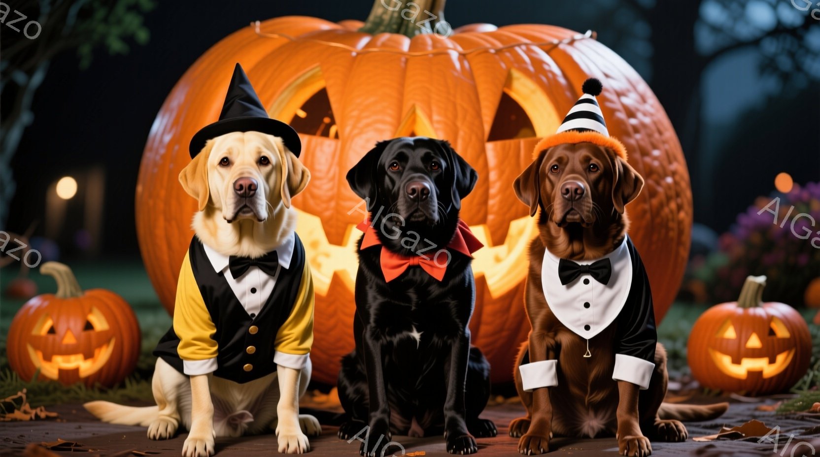 三匹の犬がハロウィンの装飾の前で整列して座っています。左の犬は黄色いベストと蝶ネクタイ、そして魔女帽子を被り、真ん中の犬は赤い蝶ネクタイ、右の犬はタキシード風のベストと蝶ネクタイを身に着けています。背景には、彫刻が施された大きなカボチャと、ぼやけた植物が見え、全体的に趣のあるハロウィーンの雰囲気を醸し出しています。