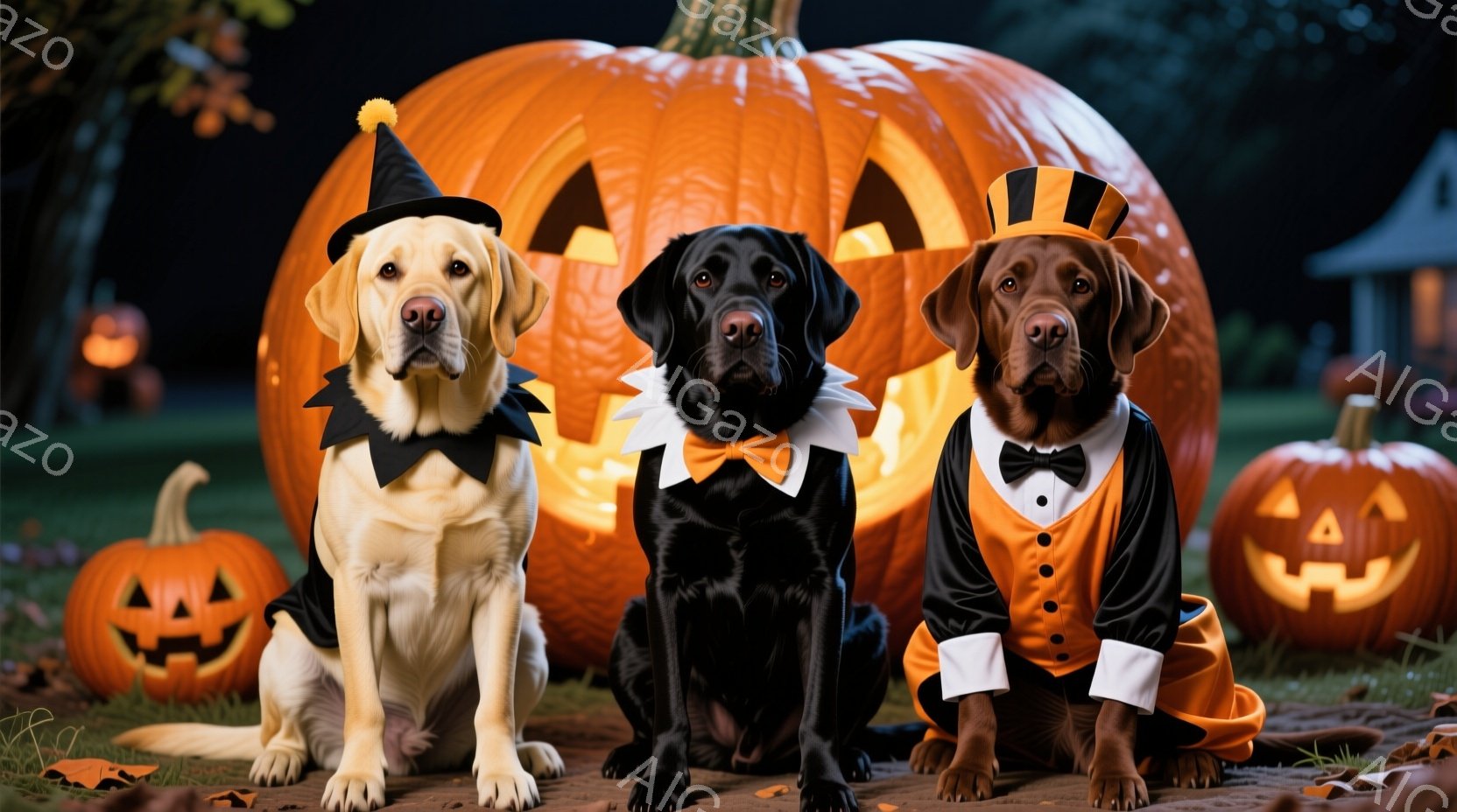 ハロウィーンの夜を思わせる写真で、三匹の犬がカボチャに囲まれて座っています。左の犬は黒いマントと帽子を着用し、中央の犬は蝶ネクタイと襟付きの衣装を着ています。右の犬は、オレンジと黒のフォーマルな衣装を - AI生成フリー素材