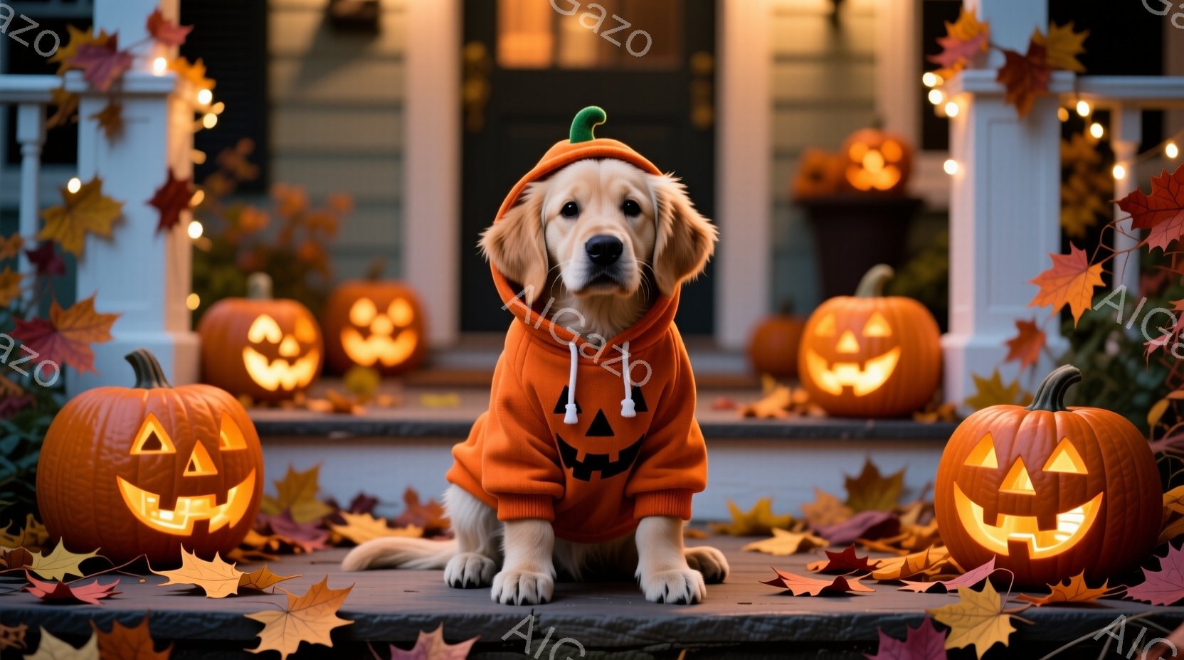 金色のレトリバーがハロウィーンのオレンジ色のカボチャの衣装を着て、家の玄関前に座っています。周りには彫刻が施されたカボチャが置かれ、落ち葉が散らばっています。暖色系の照明がハロウィーンの雰囲気を作り出 - AI生成フリー素材