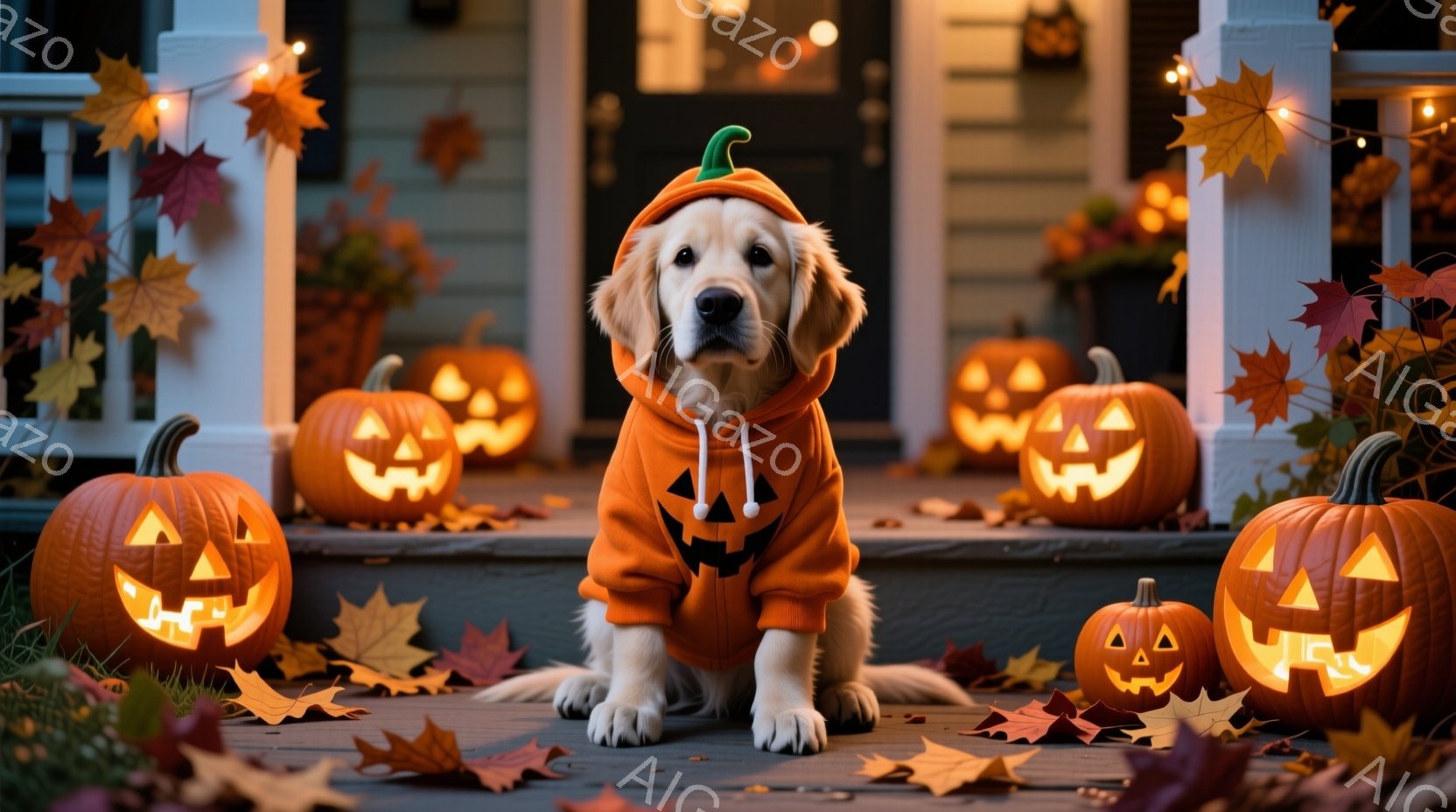 明るいオレンジ色のハロウィン衣装を着たゴールデンレトリバーが、家のポーチに座っています。その周りには、様々な大きさのジャック・オ・ランタンが並び、地面には紅葉が散らばっています。ポーチの背景には木製の柵と家の壁が見え、暖かくお祝いの雰囲気が漂っています。