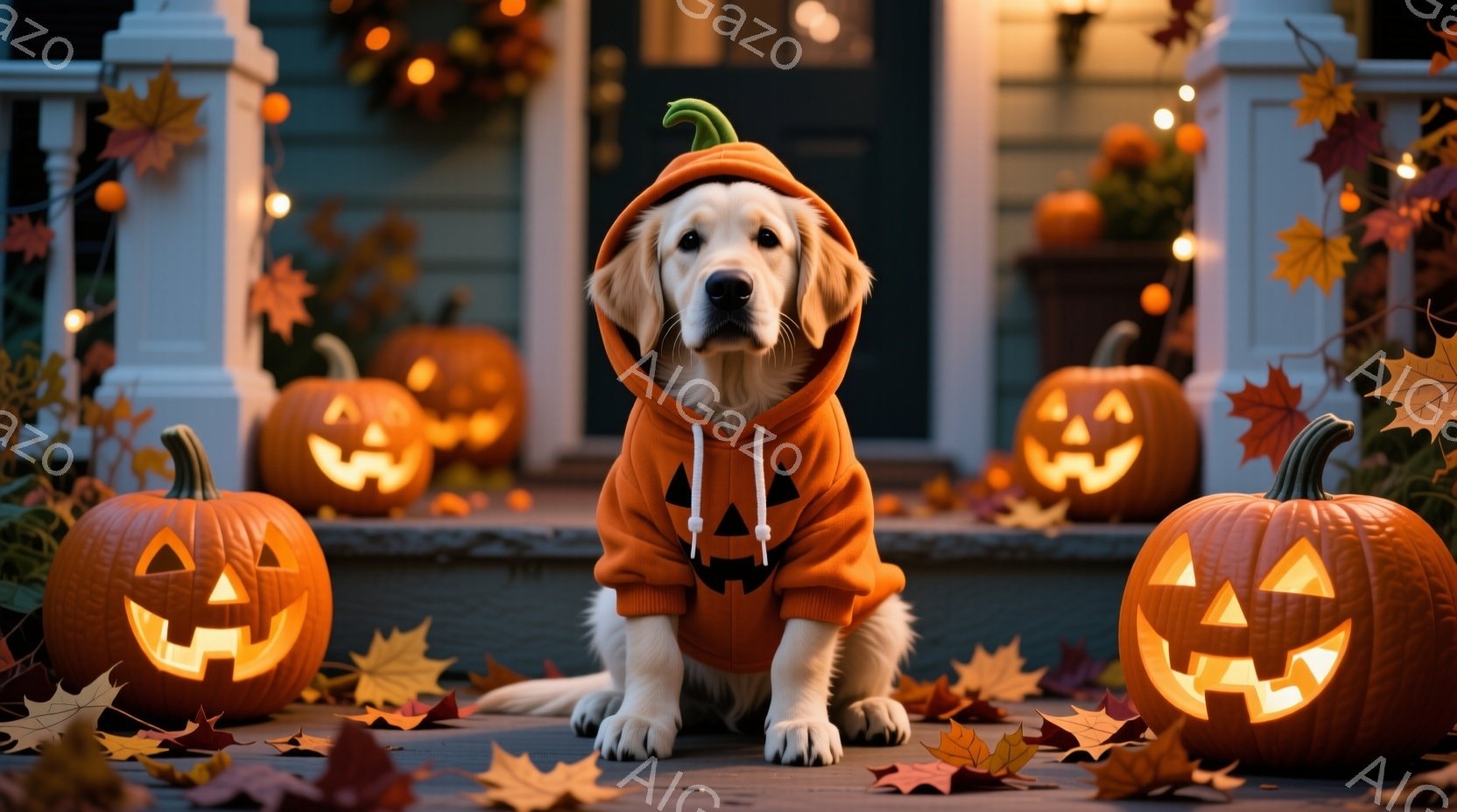 ゴールデンレトリバーがハロウィーンの衣装であるオレンジ色のカボチャのパーカーを着て、石畳のポーチに座っています。周囲には、点灯されたジャック・オー・ランタンと落ち葉が散らばり、秋の夜の温かくお祝いの雰囲気を醸し出しています。背景には、花で飾られたドアと、暖色系の光で彩られたポーチが見えます。