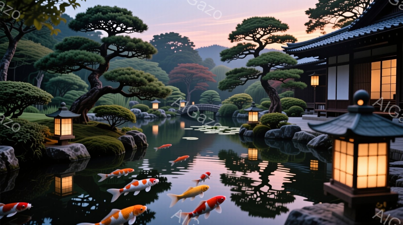 静かな庭園には、鮮やかな鯉が泳ぎ、水面に美しい反射を作り出している。背景には伝統的な日本の建物と緑豊かな木々が立ち並び、穏やかな夕暮れの光が全体を照らしている。石灯籠が温かい光を放ち、静寂で平和な雰囲 - AI生成フリー素材