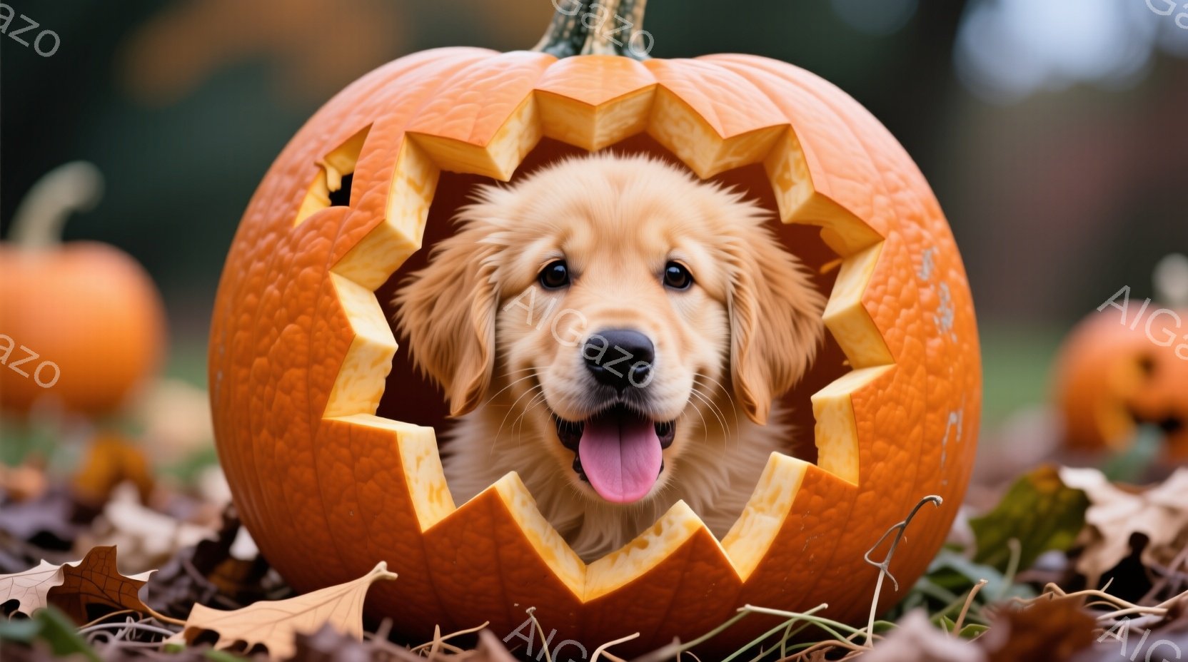 ゴールデンレトリバーの子犬が、くり抜かれたハロウィンのカボチャの中をのぞき出しています。子犬は口を開けて舌を出し、とても楽しそうな表情をしています。背景には他のカボチャと落ち葉が散らばっており、秋の暖 - AI生成フリー素材