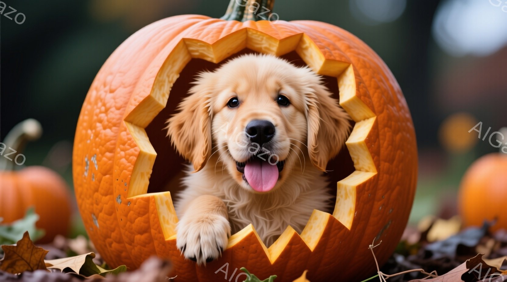 鮮やかなオレンジ色のカボチャの中に、ゴールデンレトリバーの子犬が顔を出しています。子犬は舌を出し、とても楽しそうな表情で、前足をカボチャの縁につけています。背景には、他のカボチャや落ち葉が見え、秋の温 - AI生成フリー素材