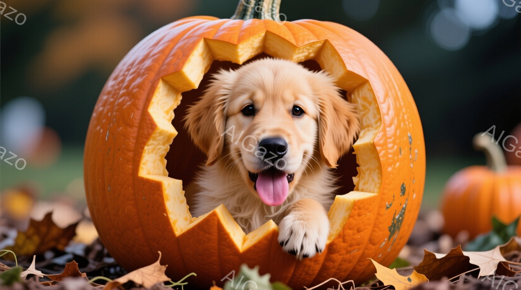 愛らしいゴールデンレトリバーの子犬が、くり抜かれたオレンジ色のカボチャの中に頭を出して座っています。子犬は舌をペロリと出し、楽しそうな表情でこちらを見ています。背景には落ち葉が散らばり、他のカボチャも - AI生成フリー素材