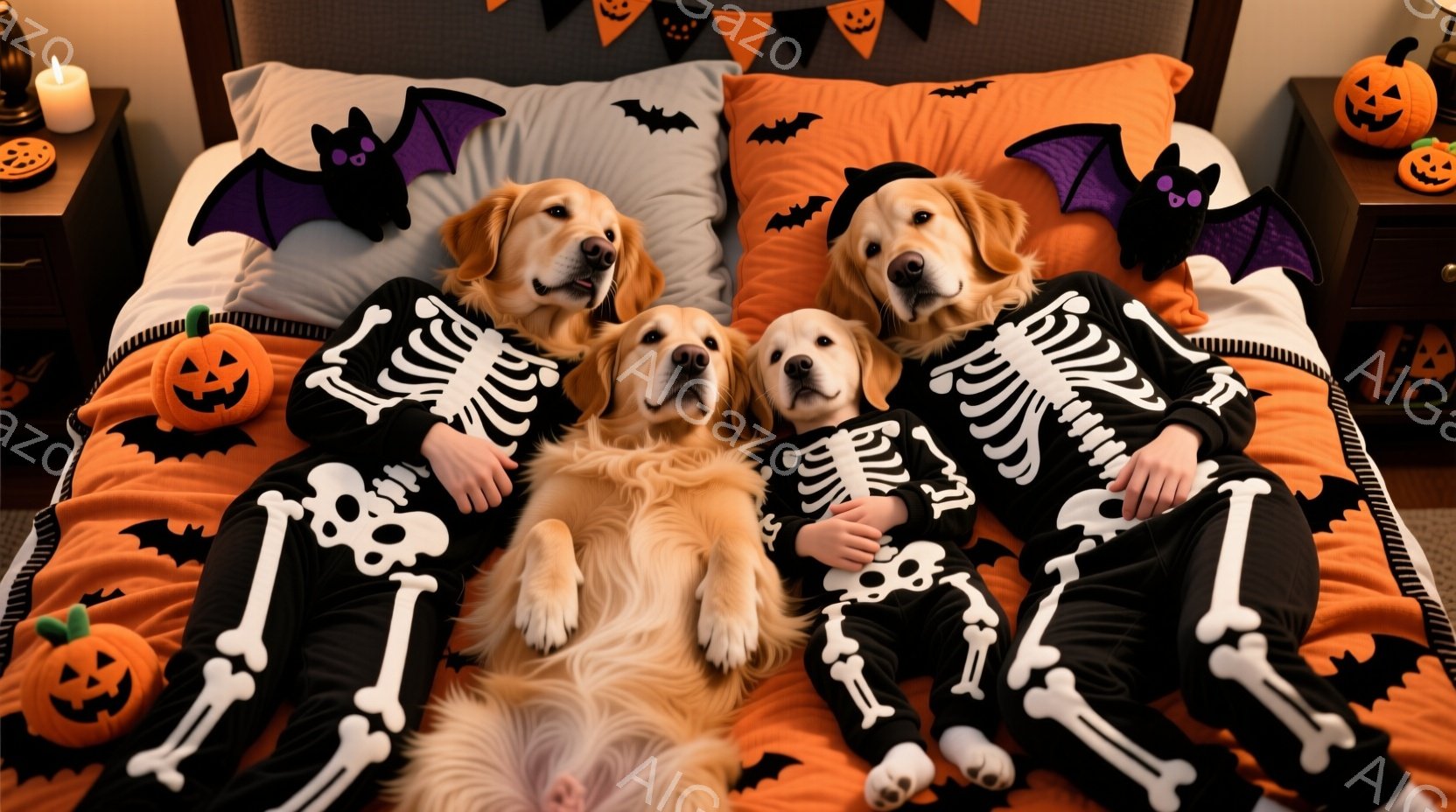 ハロウィーンの装飾がされたベッドに横たわる、スケルトン柄のパジャマを着たゴールデンレトリバーが4匹写っています。犬たちはリラックスした表情で、ベッドに身を寄せ合ってくつろいでおり、陽気で楽しい雰囲気を - AI生成フリー素材