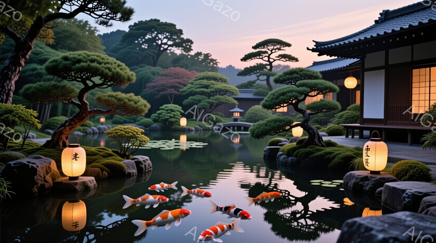 静かな池には、色鮮やかな鯉が悠々と泳いでいる。背景には、緑豊かな松林と、伝統的な日本建築の建物が佇み、夕暮れ時の柔らかな光が全体を包み込んでいる。池のほとりには提灯が灯り、幻想的な雰囲気を醸し出してい - AI生成フリー素材