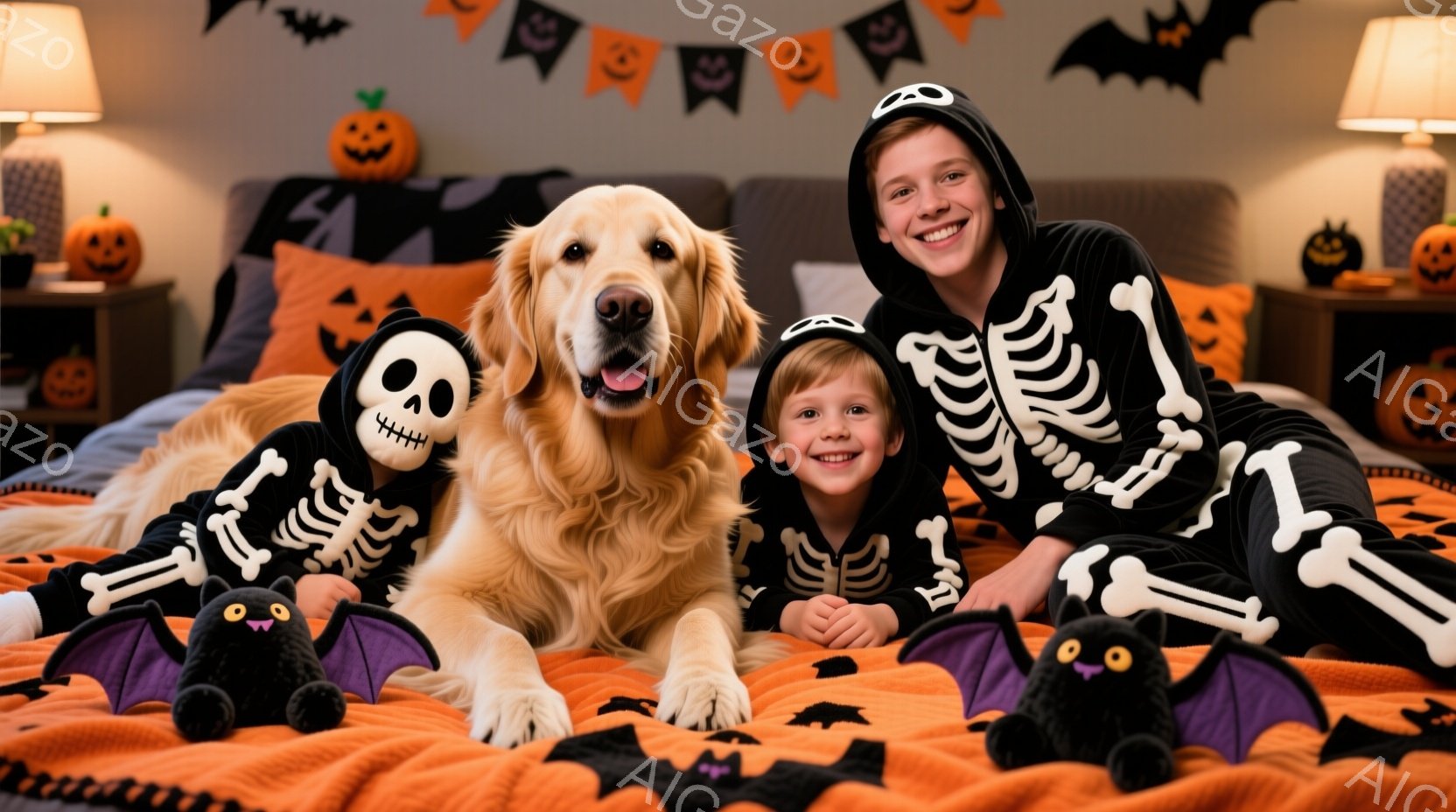 ハロウィーンの装飾がされた部屋で、金色のレトリバーと二人の子供がハロウィーンの衣装を着てオレンジ色のベッドに横たわっています。 子供たちは骸骨の柄の衣装を着ており、笑顔でカメラに向かってポーズをとって - AI生成フリー素材