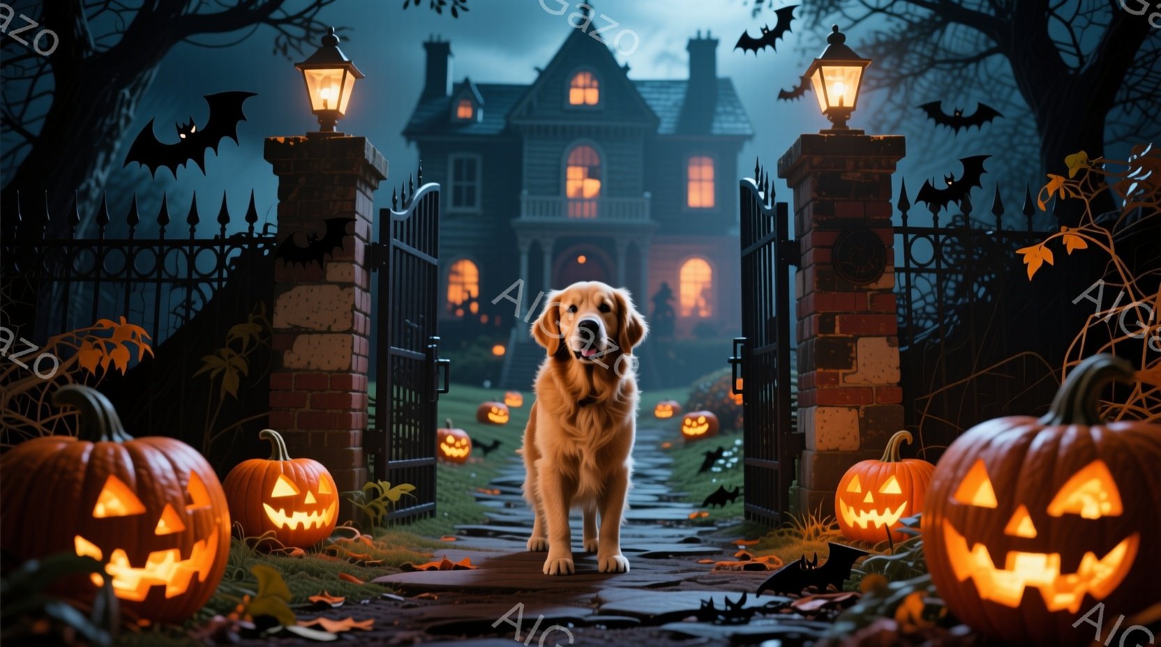 黄金色のレトリバーが、ハロウィーンの飾られた門の前に立っている。門の周りには、様々な大きさのジャック・オー・ランタンが並び、暗い背景には不気味な屋敷と、飛ぶコウモリが描かれている。全体的に、秋の夜のハ - AI生成フリー素材
