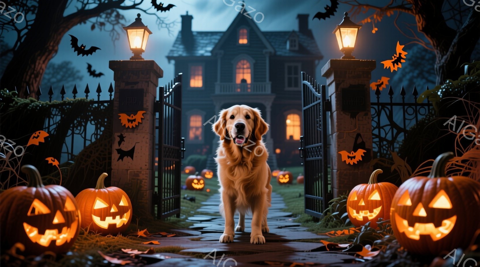 黄金色のレトリバーが、ハロウィンの飾り付けがされた門の前に凛々と立っている。門の両側にはジャック・オー・ランタンが並び、背景には不気味な屋敷がシルエットで浮かび上がり、暗い夜空にはコウモリが舞っている - AI生成フリー素材