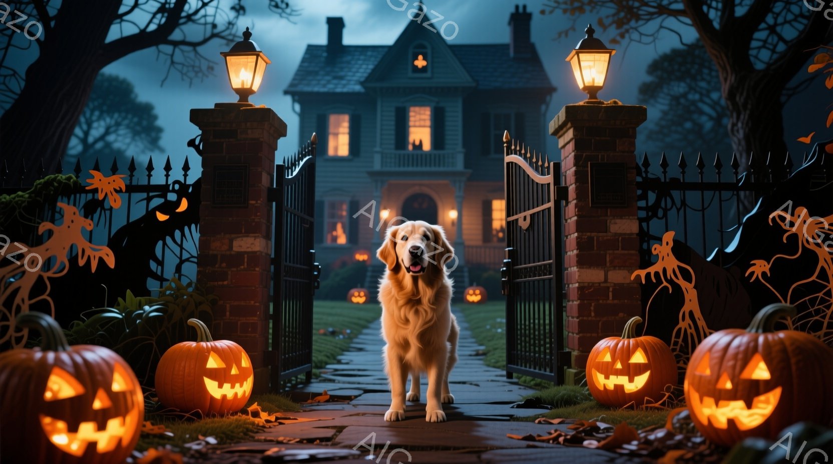 クリーム色の毛並みのゴールデンレトリバーが、ハロウィーンの飾り付けがされた家の正面の敷地内に立っている。背景には、かぼちゃのランタンや不気味な装飾が施された屋敷、そして暗い夜空が広がっている。全体的に、ハロウィーンの夜に屋敷の前に佇む愛犬の、少し不気味で趣のある雰囲気が漂う。