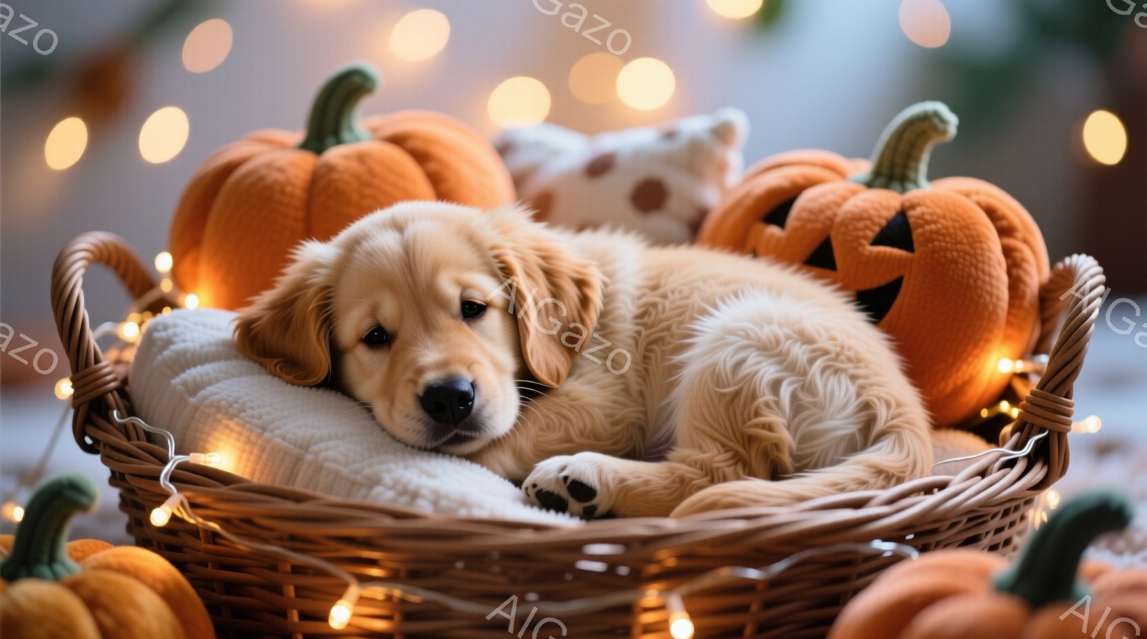 籠の中に金色の毛並みの子犬が丸まって眠っています。周りにはハロウィーンの飾りであるジャック・オー・ランタンや、ふわふわの白いクッションが置かれ、暖かい光のイルミネーションが優しい雰囲気を醸し出しています。子犬はリラックスした表情で、穏やかで可愛らしい光景です。