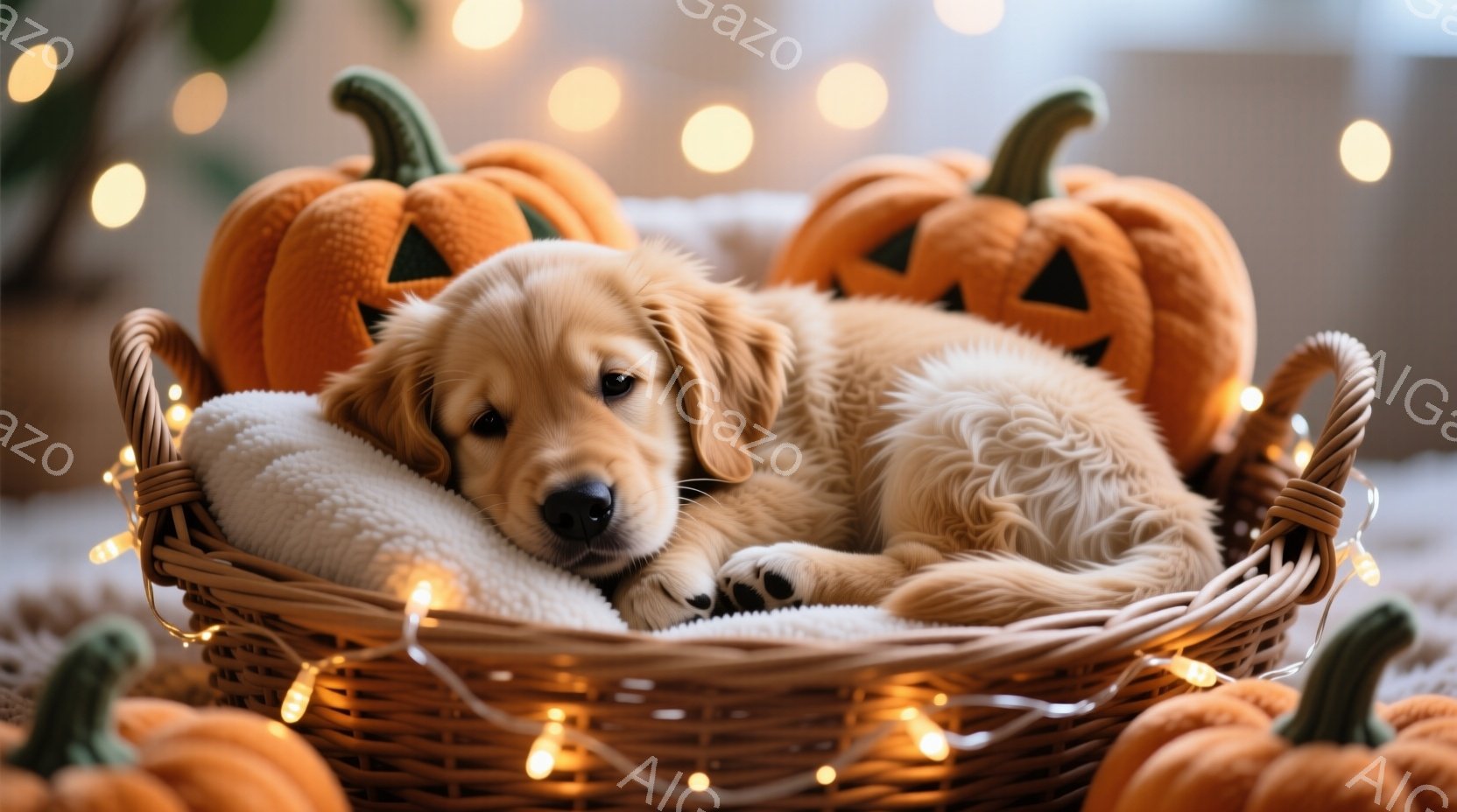 籐で編まれたバスケットの中に、ふわふわの毛並みのゴールデンレトリバーの子犬が丸まって眠っています。子犬はとてもリラックスした表情で、小さな足はちょこんと突き出ています。背景にはハロウィンを連想させるジ - AI生成フリー素材
