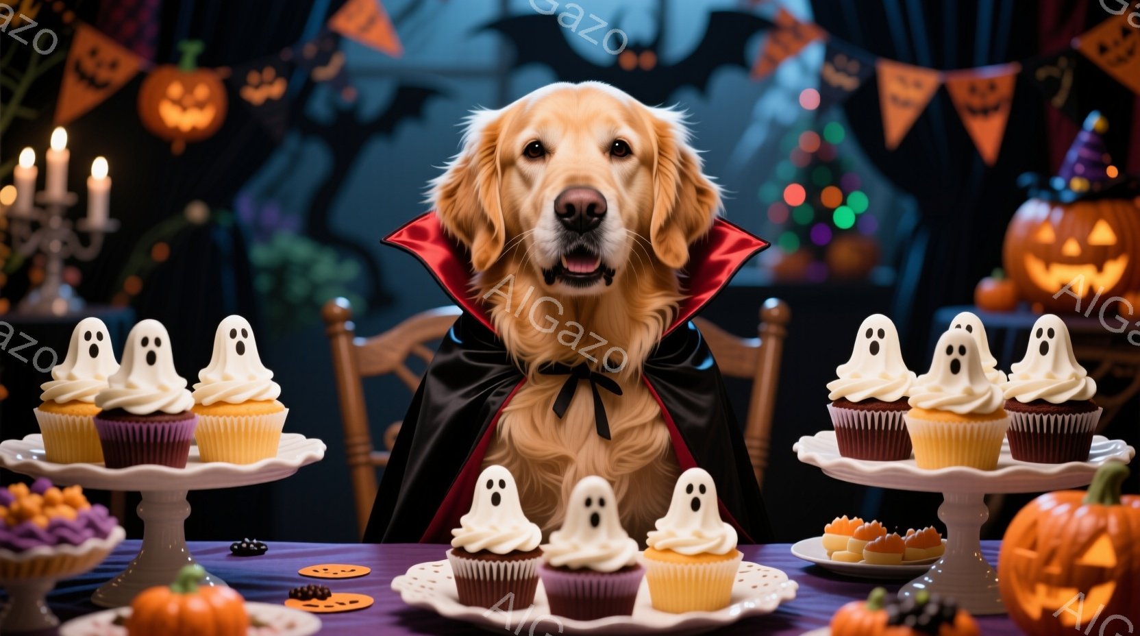 ゴールデンレトリバーがハロウィーンの衣装である黒いマントと赤いリボンタイを身につけて座っています。テーブルの上には、お化けのデコレーションが施されたカップケーキやキャンディーが並べられており、背景には - AI生成フリー素材