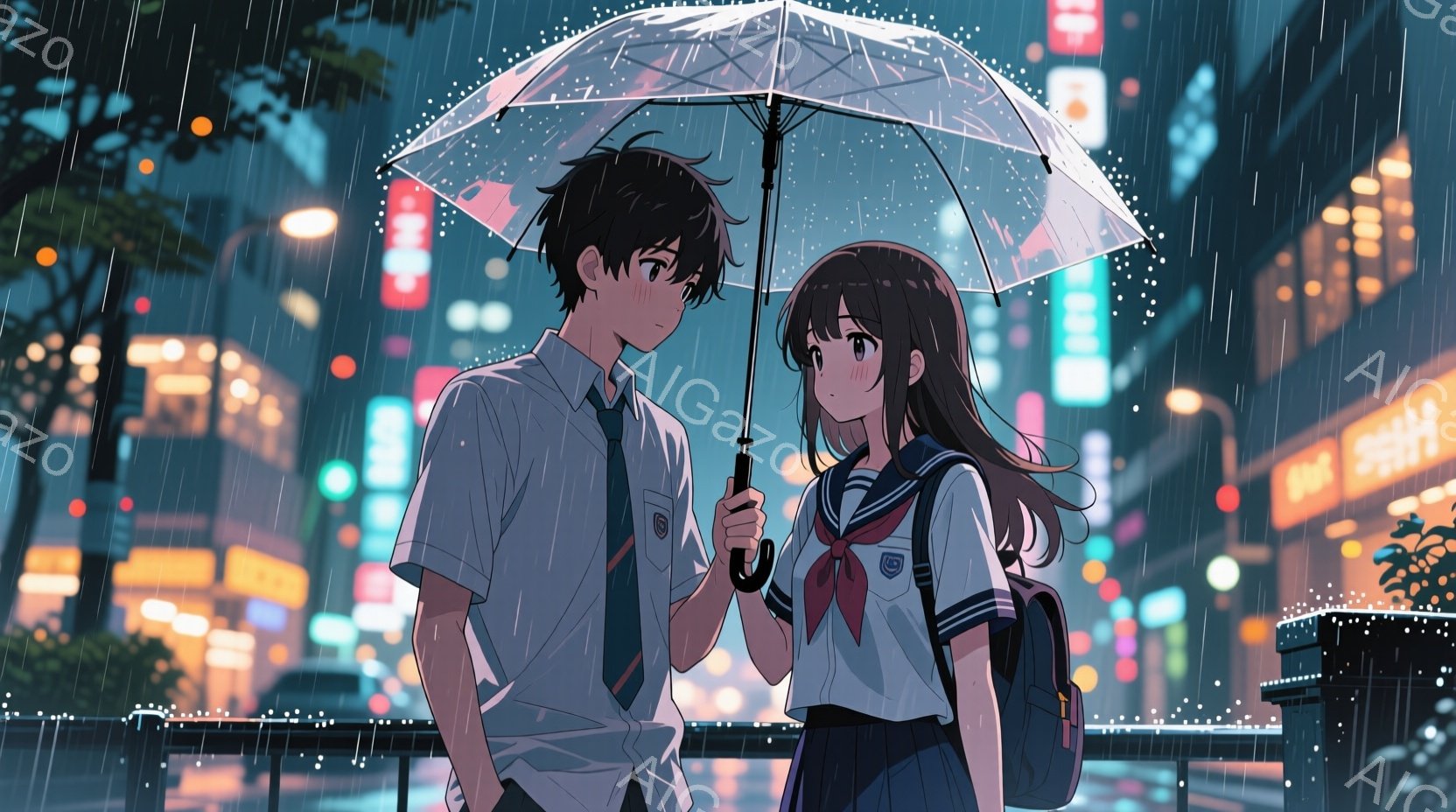 制服を着た男女が雨の中、傘をさして立っています。少年は黒髪で、少し憂いのある表情をしています。少女はロングヘアで、傘を見つめながら少し恥ずかしそうな表情をしています。背景には、夜の都市の風景が広がり、 - AI生成フリー素材