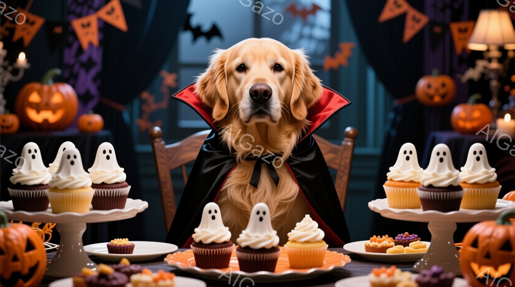 ゴールデンレトリバーがハロウィーンの仮装をして、黒いマントを羽織り、テーブルの前に座っています。テーブルの上には、お化けのデコレーションがされたカップケーキやキャンディーが並べられており、背景にはハロ - AI生成フリー素材