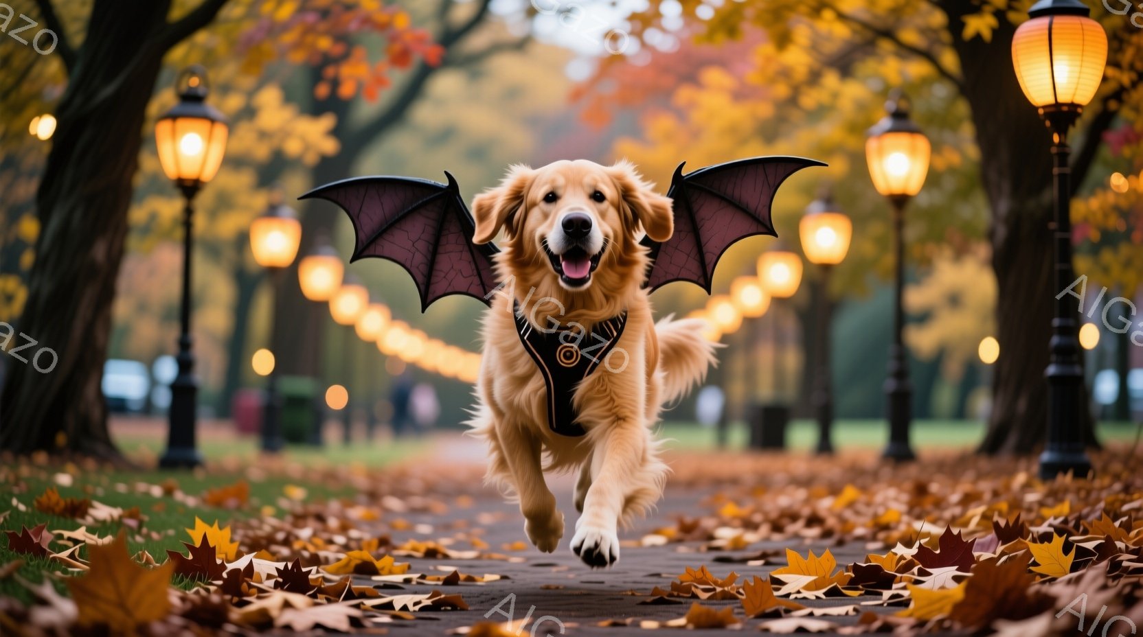ゴールデンレトリバーが、ハロウィーン用のコウモリの羽を身につけて、落ち葉が敷き詰められた遊歩道を走っている。その表情は非常に喜びにあふれ、口を開けて舌を出し、活気に満ちた様子が伝わってくる。背景には、 - AI生成フリー素材