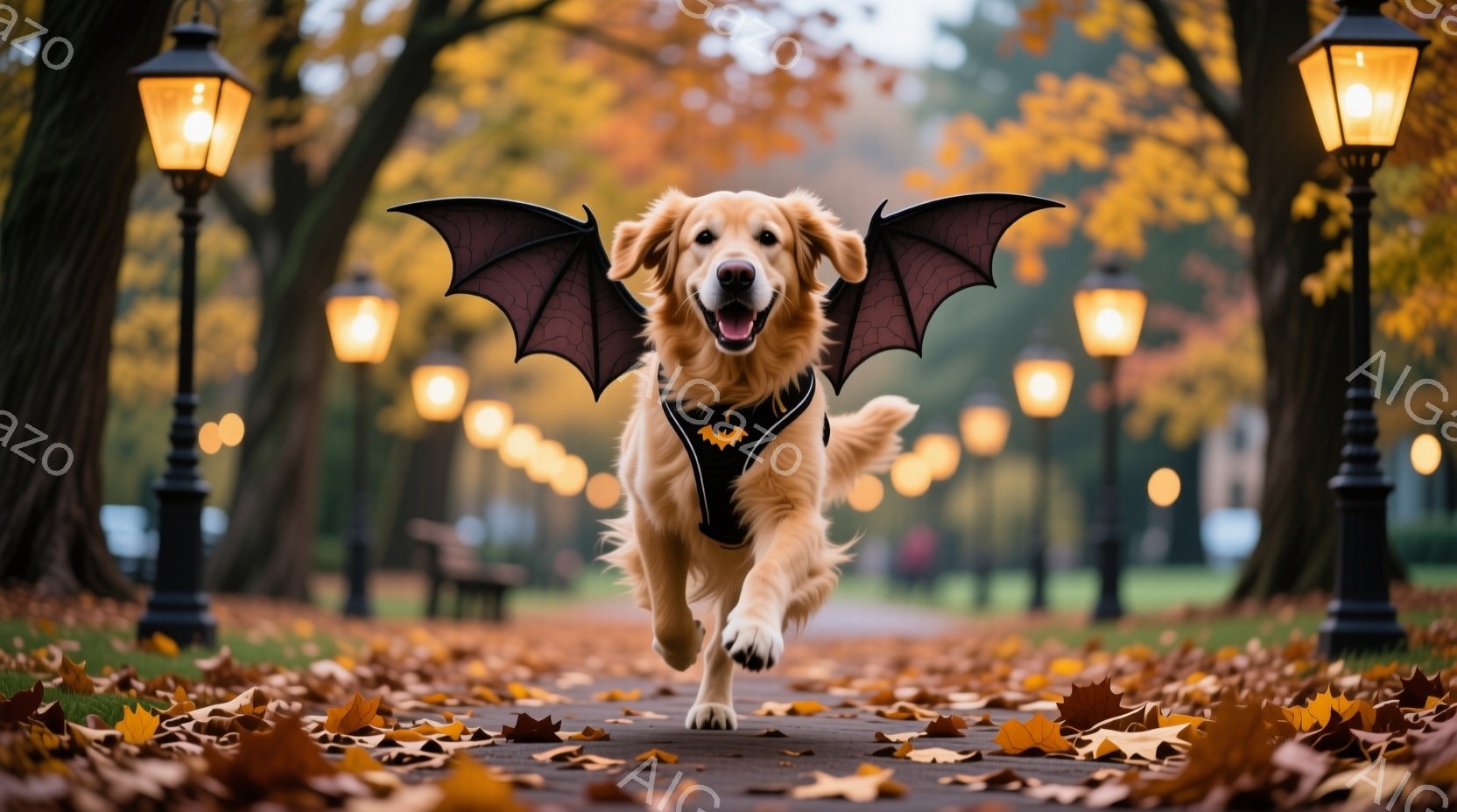 明るい毛並みのゴールデンレトリバーが、ハロウィーンの翼を身に着けて遊歩道を疾走している。背景には、落ち葉が散らばり、オレンジ色の光を放つ街灯が並び、秋の暖かい雰囲気を醸し出している。犬は嬉しそうに口を - AI生成フリー素材