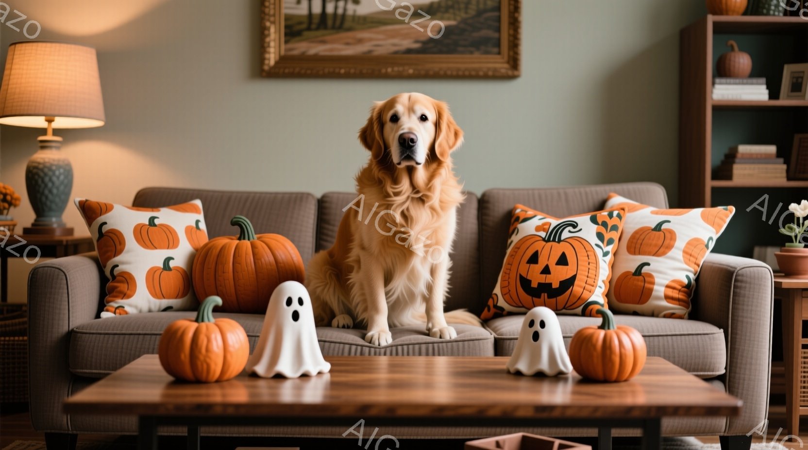 暖炉のあるリビングルームで、金色のレトリバーがソファに座ってこちらを見ています。ハロウィーンをテーマにしたカボチャ柄のクッションと、カボチャとお化けの置物がソファとテーブルに飾られています。全体的に暖 - AI生成フリー素材